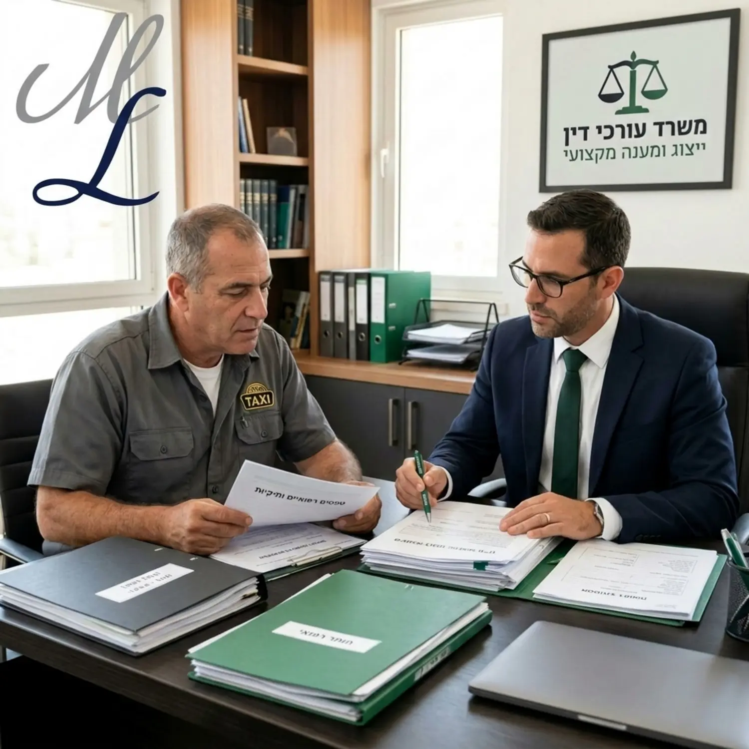 תמונה של נהג יושב במשרד מואר עם עורך דין מקצועי, שניהם עוברים על מסמכים רפואיים ותיקיות בטרם ההגעה לוועדה הרפואית, עם דגש על אווירה רצינית של הכנה ולימוד המסמכים.
