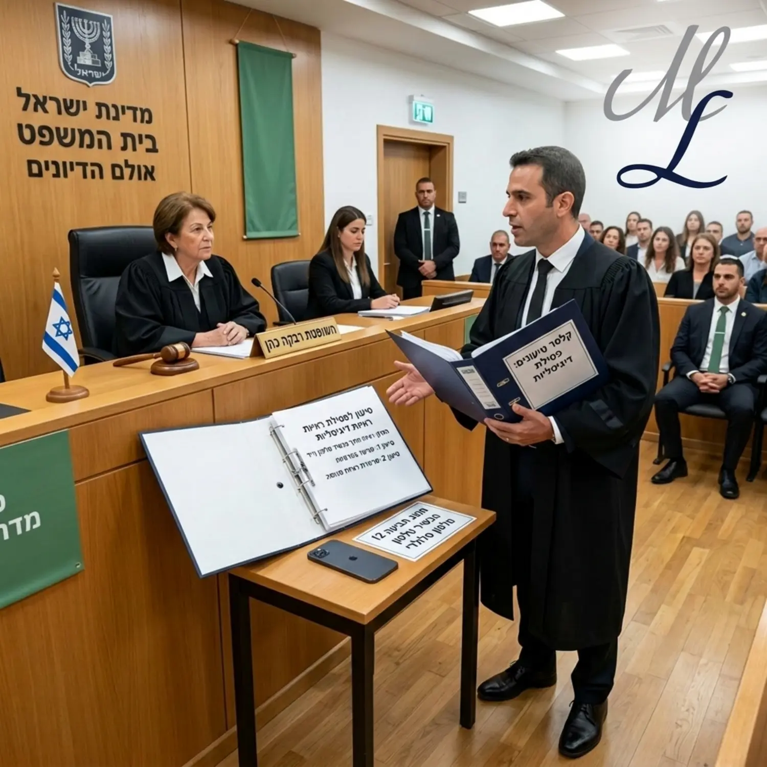 תמונה המציגה אולם בית משפט בישראל, בו עורך דין פלילי מציג טיעונים מתוך קלסר בפני השופט בדבר פסילת ראיות דיגיטליות מתוך טלפון סלולרי, באווירה מקצועית ומכובדת