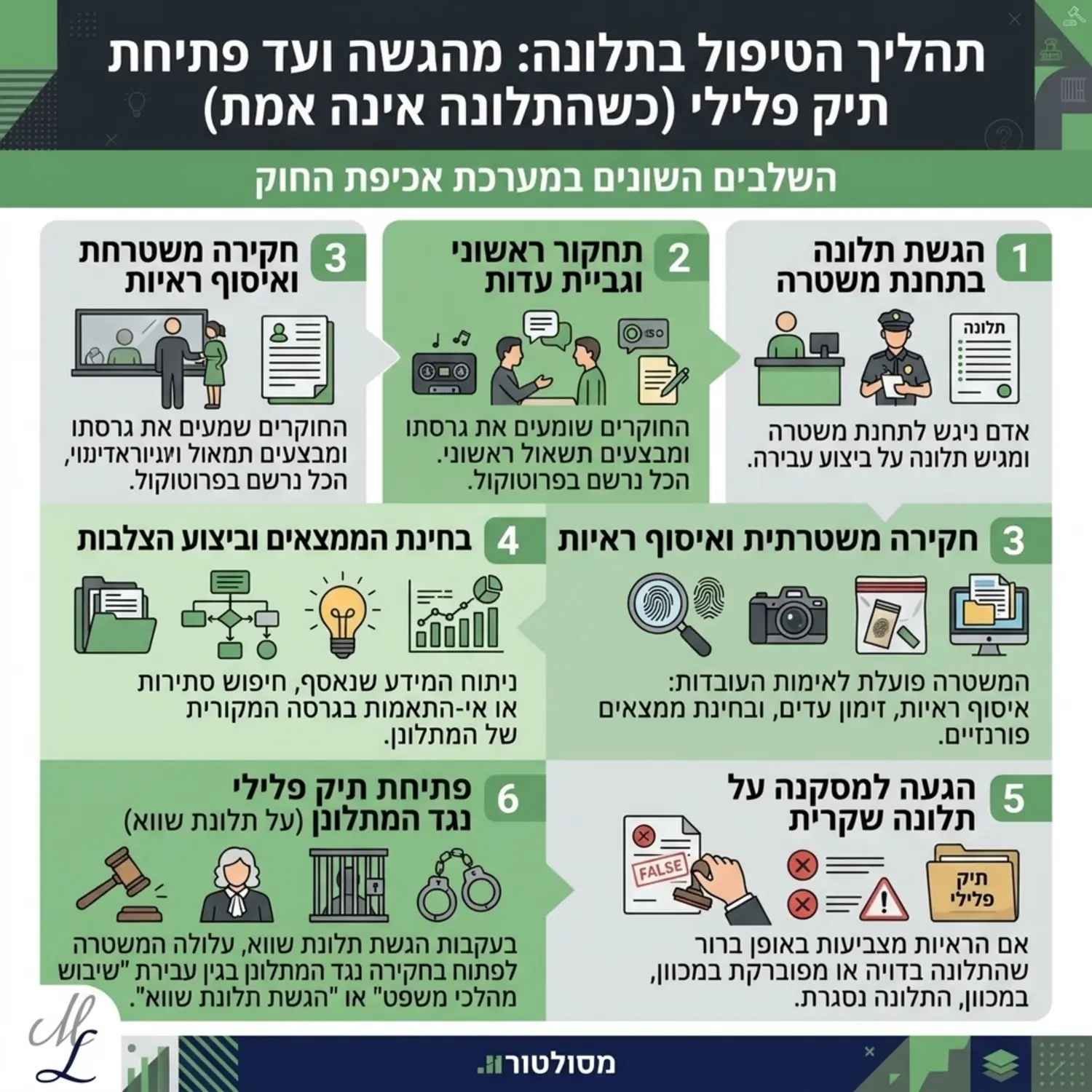 אינפוגרפיקה המציגה את התהליך של תלונת שווא מהגשת התלונה בתחנת המשטרה ועד לפתיחת תיק פלילי, שימוש בצבעי ירוק ואפור להמחשת השלבים השונים