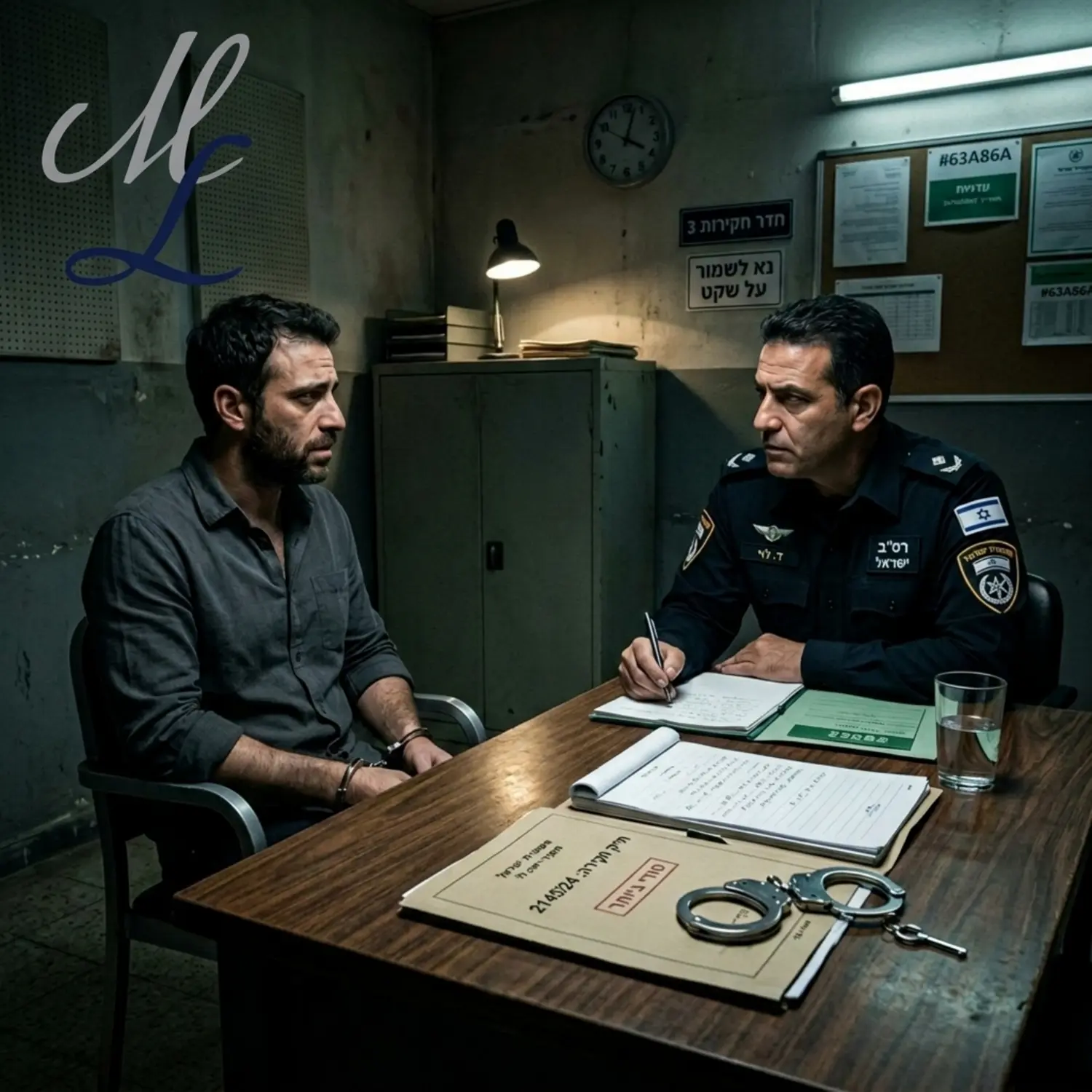 תמונה הממחישה אדם יושב מול חוקר משטרה בחדר חקירות עם תאורה דרמטית, על השולחן מונחים מסמכים משפטיים וזוג אזיקים