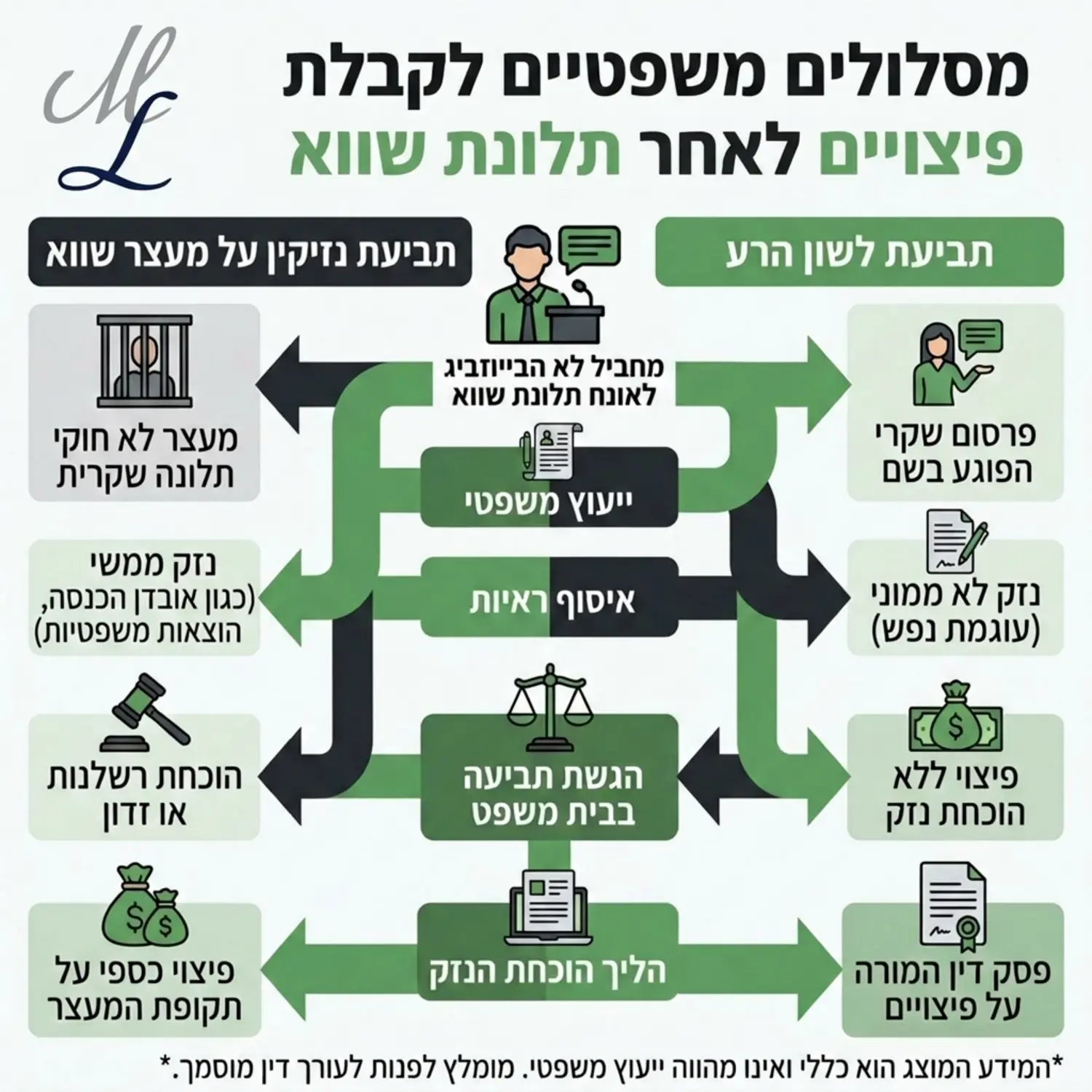 אינפוגרפיקה המפרטת את המסלולים המשפטיים לקבלת פיצויים לאחר תלונת שווא, כולל תביעת לשון הרע מול תביעת נזיקין על מעצר שווא, בעיצוב נקי עם חיצים וכותרות מודגשות