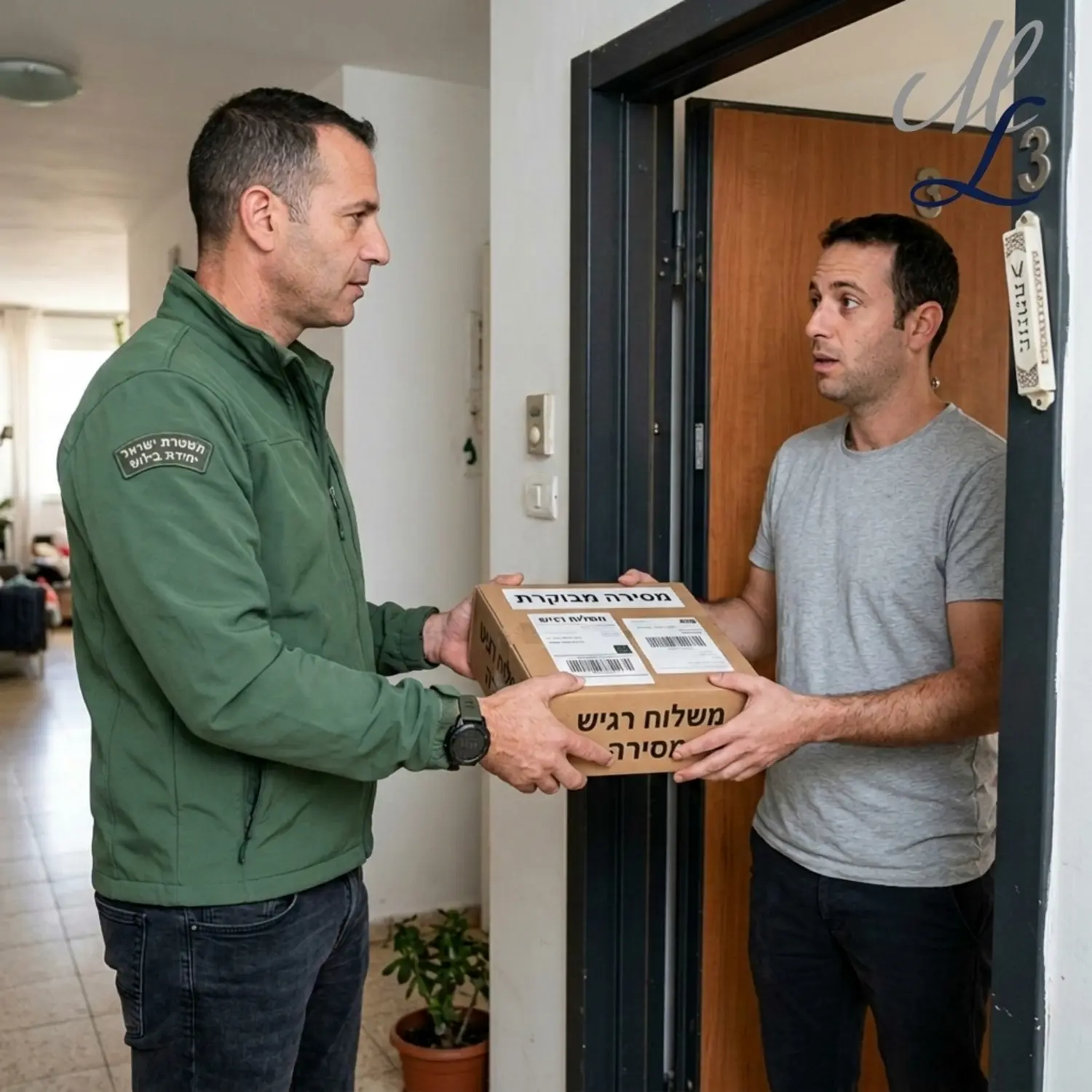 צילום תקריב של שוטר בלבוש אזרחי מבצע מסירה מבוקרת של חבילה חשודה לידי אזרח בפתח ביתו