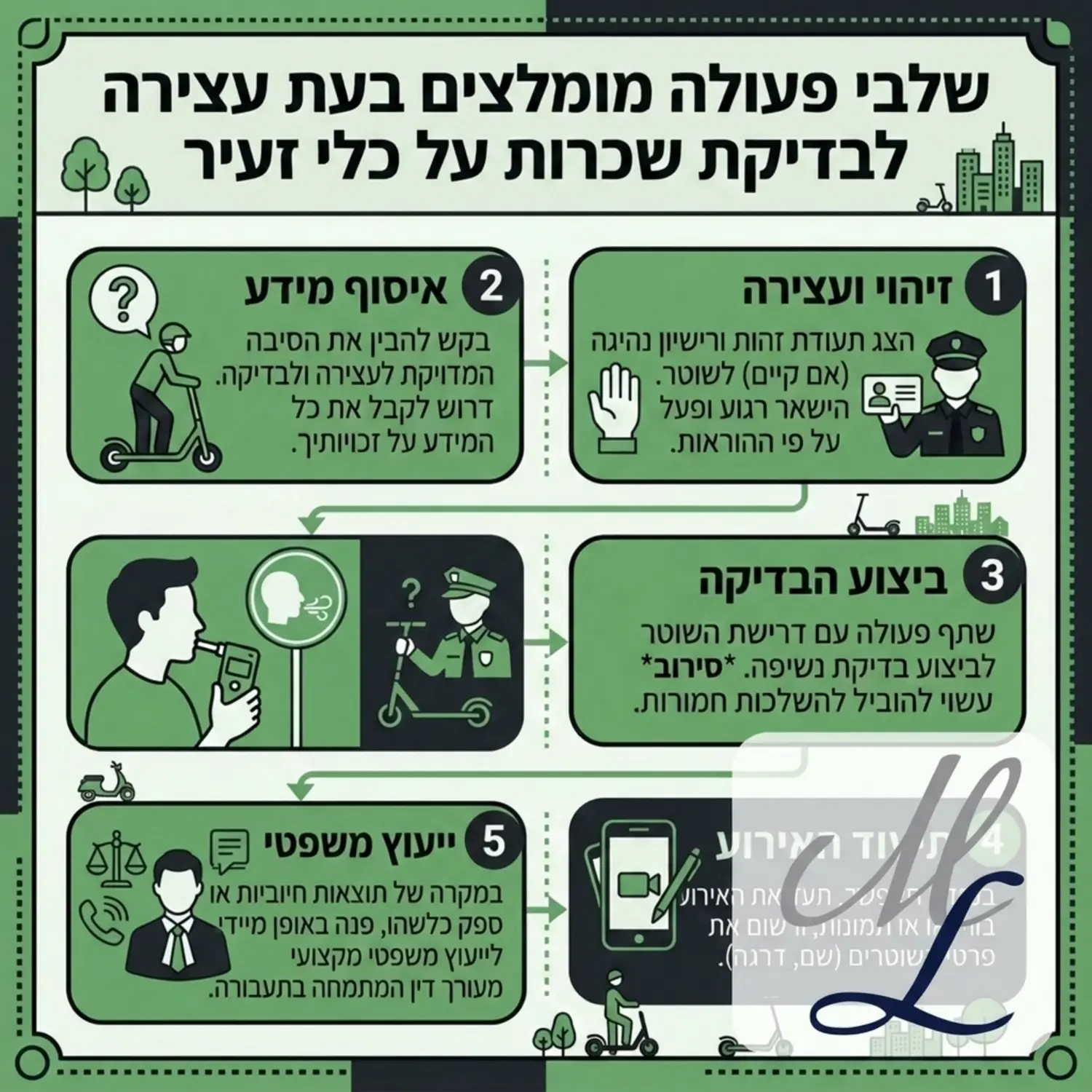 אינפוגרפיקה המציגה את שלבי הפעולה המומלצים ברגע עצירה על ידי שוטר לבדיקת שכרות ברוכבי כלים זעירים, החל משלב ההזדהות, דרך ביצוע הבדיקה ועד פנייה לייעוץ משפטי.