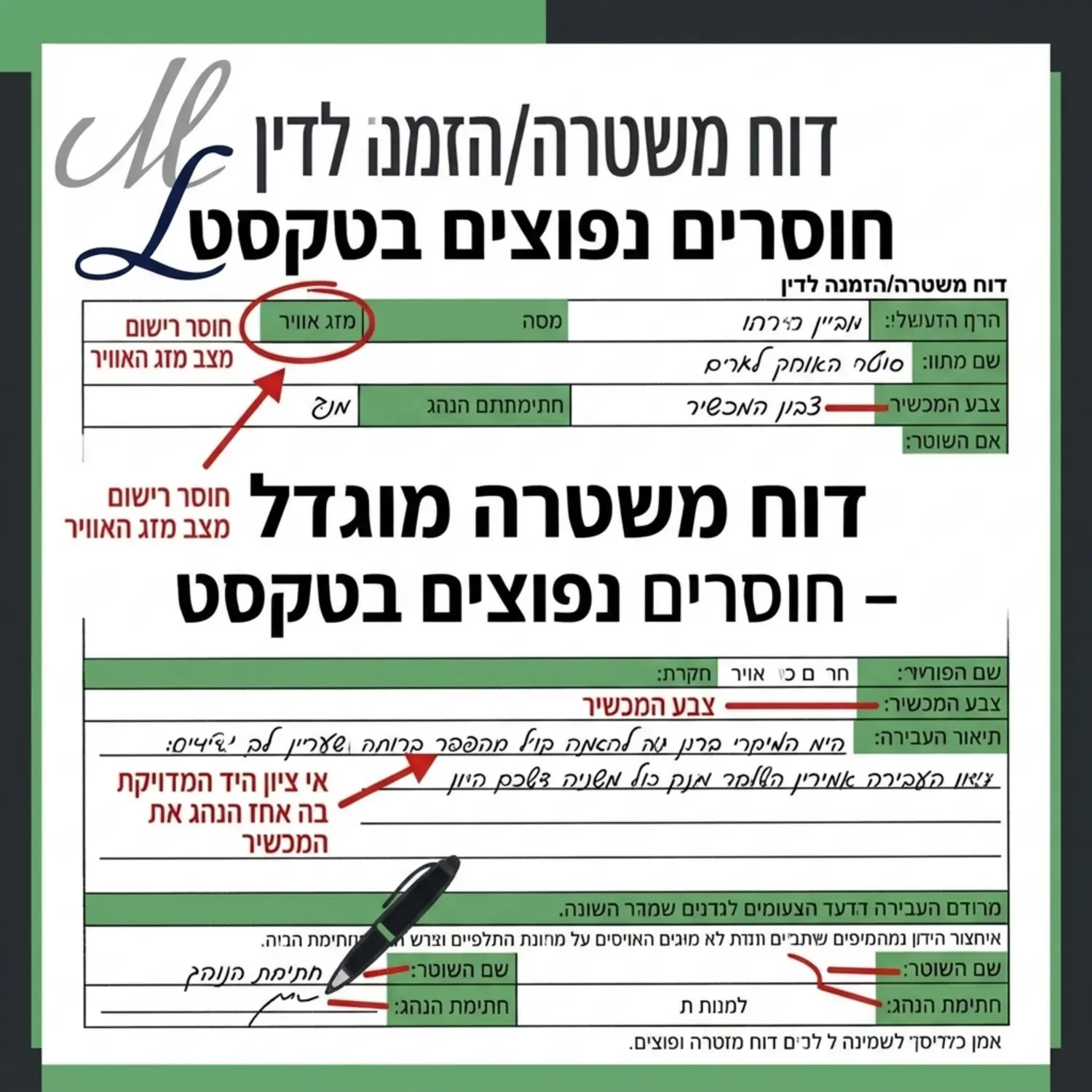 תמונה של דוח משטרה מוגדל עם סמנים אדומים ועטים המצביעים על חוסרים נפוצים בטקסט כגון אי רישום מצב מזג האוויר חוסר תיאור של צבע המכשיר ואי ציון היד המדויקת בה אחז הנהג את המכשיר הנייד