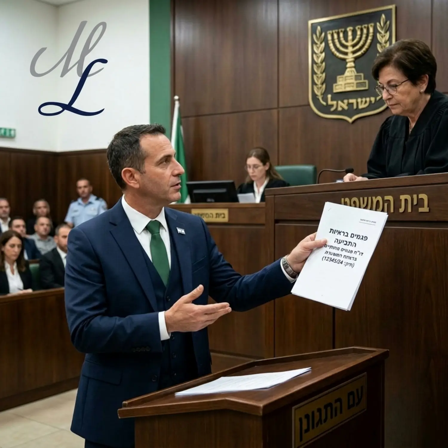 עורך דין בחליפה אלגנטית עומד באולם בית משפט ומציג בפני השופט מסמכים משפטיים המעידים על פגמים בראיות של התביעה המשטרתית כאשר ברקע נראה סמל המדינה