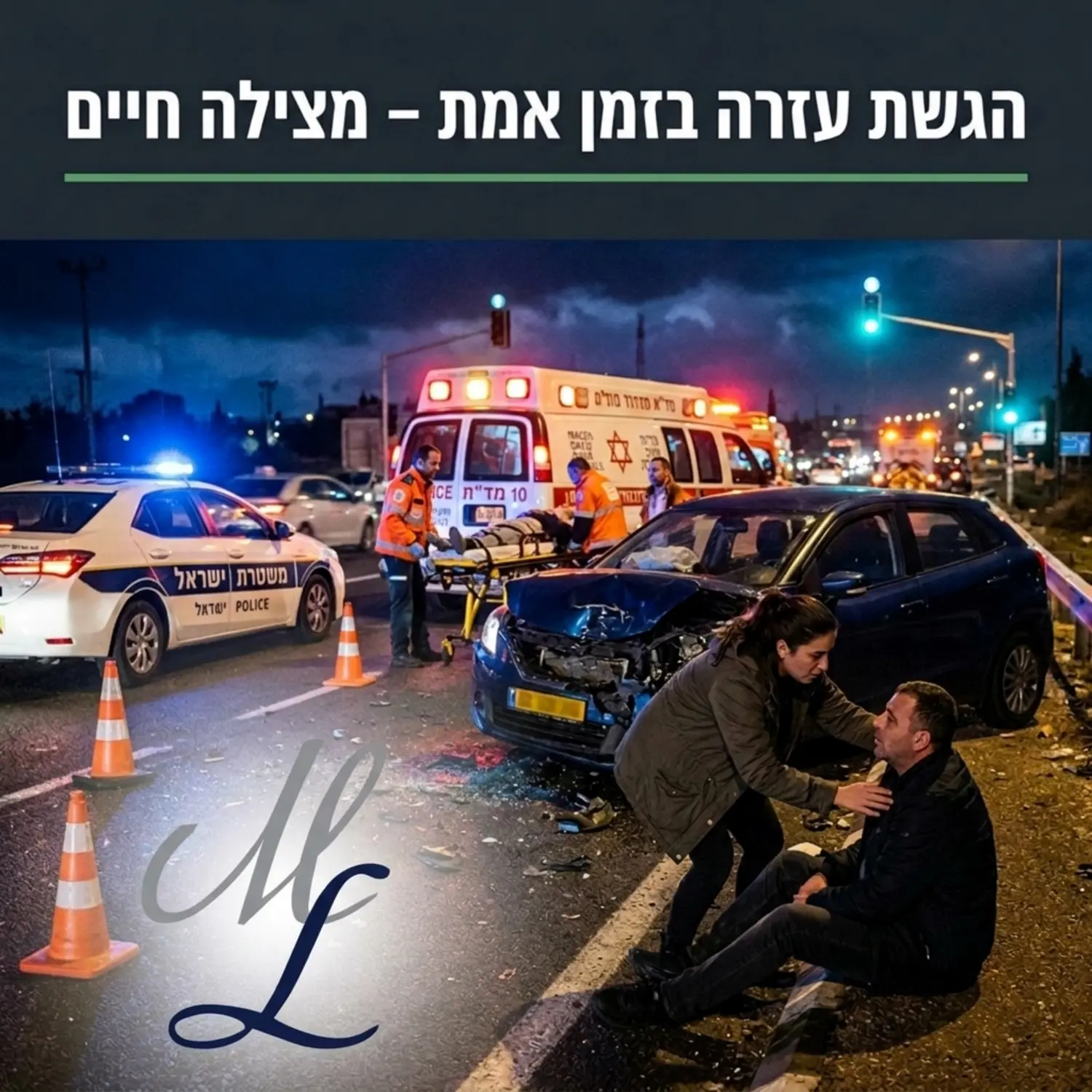 צילום של זירת תאונת דרכים בלילה עם ניידת משטרה ואמבולנס ברקע הממחיש את חשיבות הגשת העזרה במקום