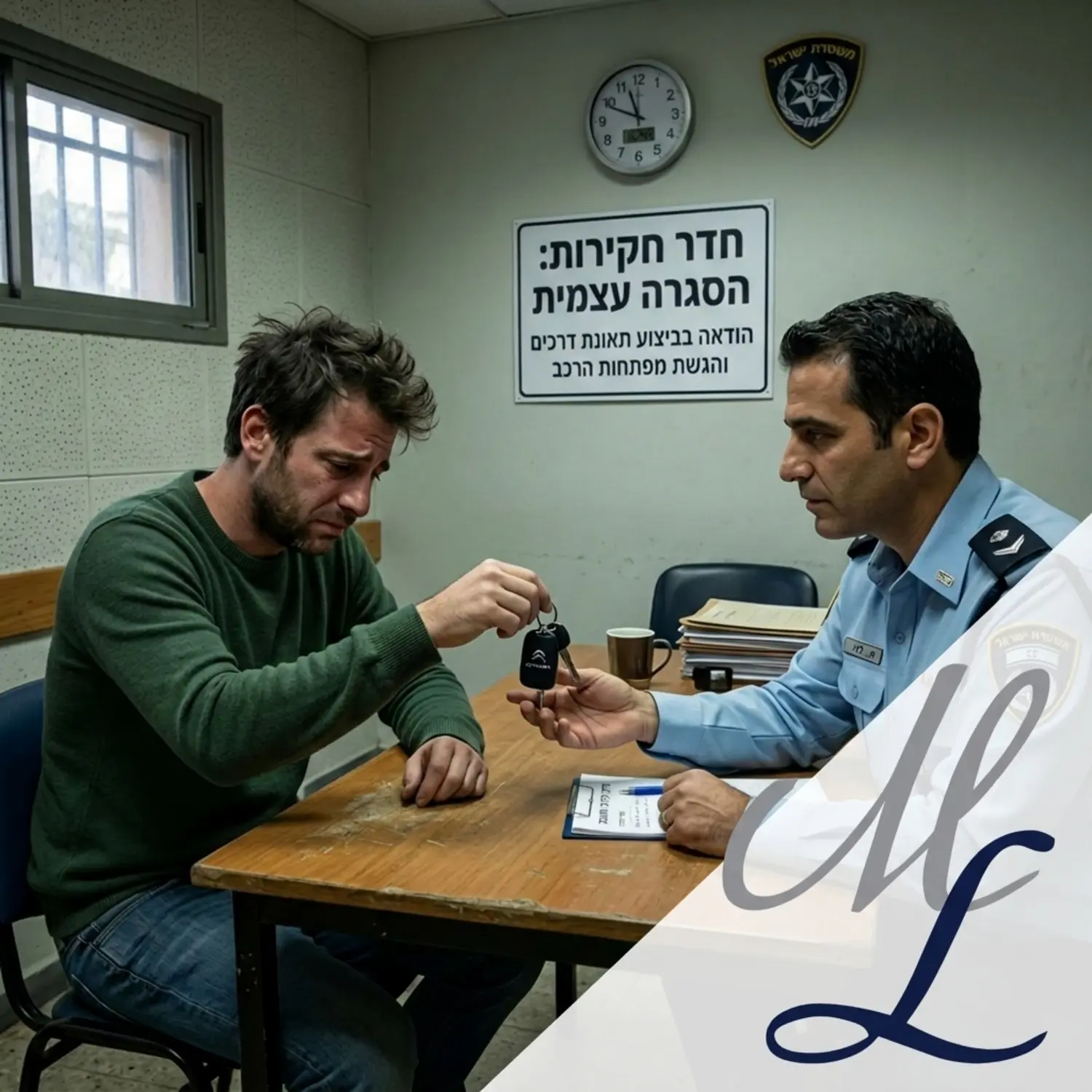 אדם מגיש את מפתחות הרכב לחוקר משטרה בחדר חקירות הממחיש את פעולת ההסגרה העצמית למשטרה לאחר תאונה