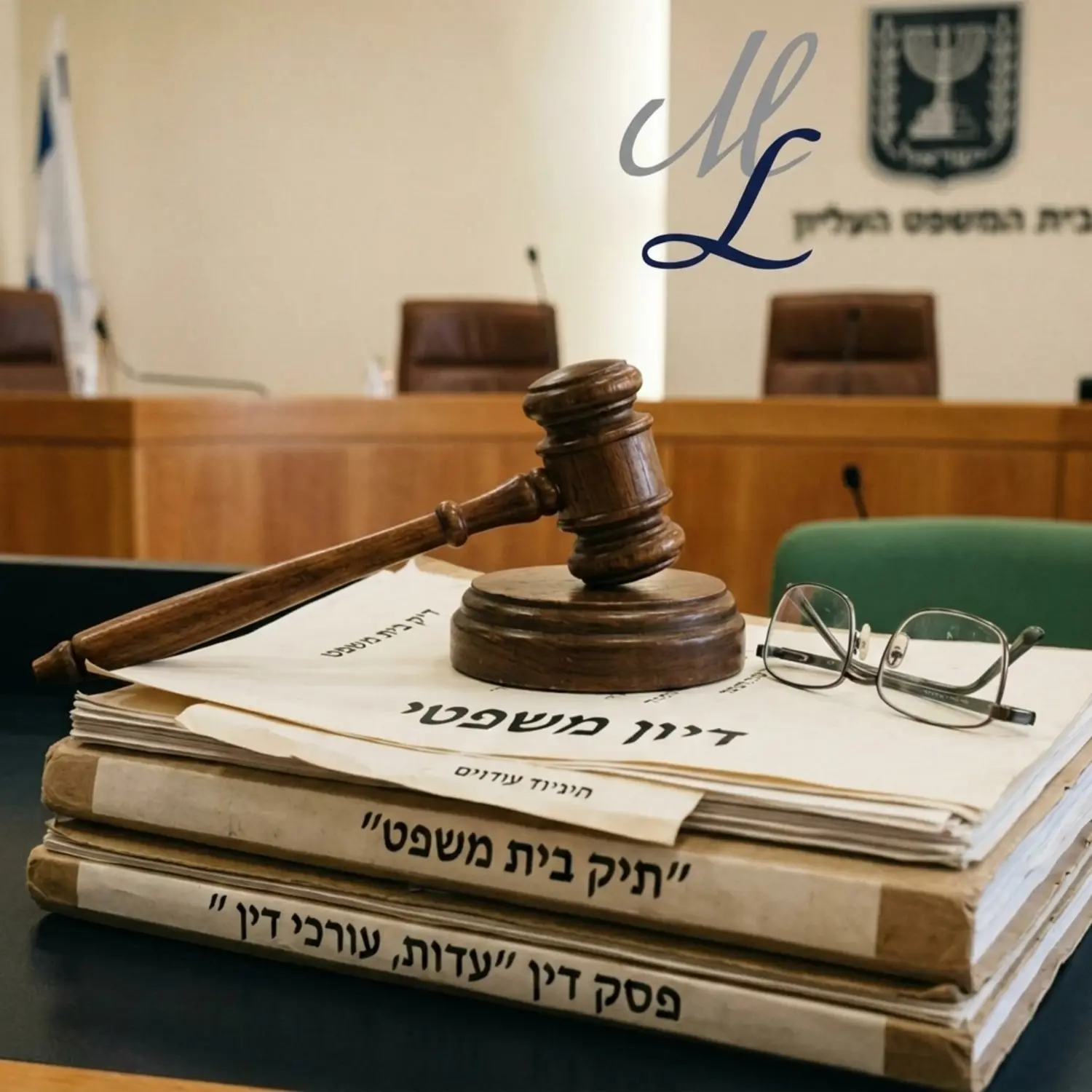 תמונה המציגה פטיש שופטים מעץ מונח על גבי מסמכים משפטיים ומשקפי ראייה. התאורה חמימה ומשדרת רצינות משפטית ומקצועיות בדיונים בבית משפט
