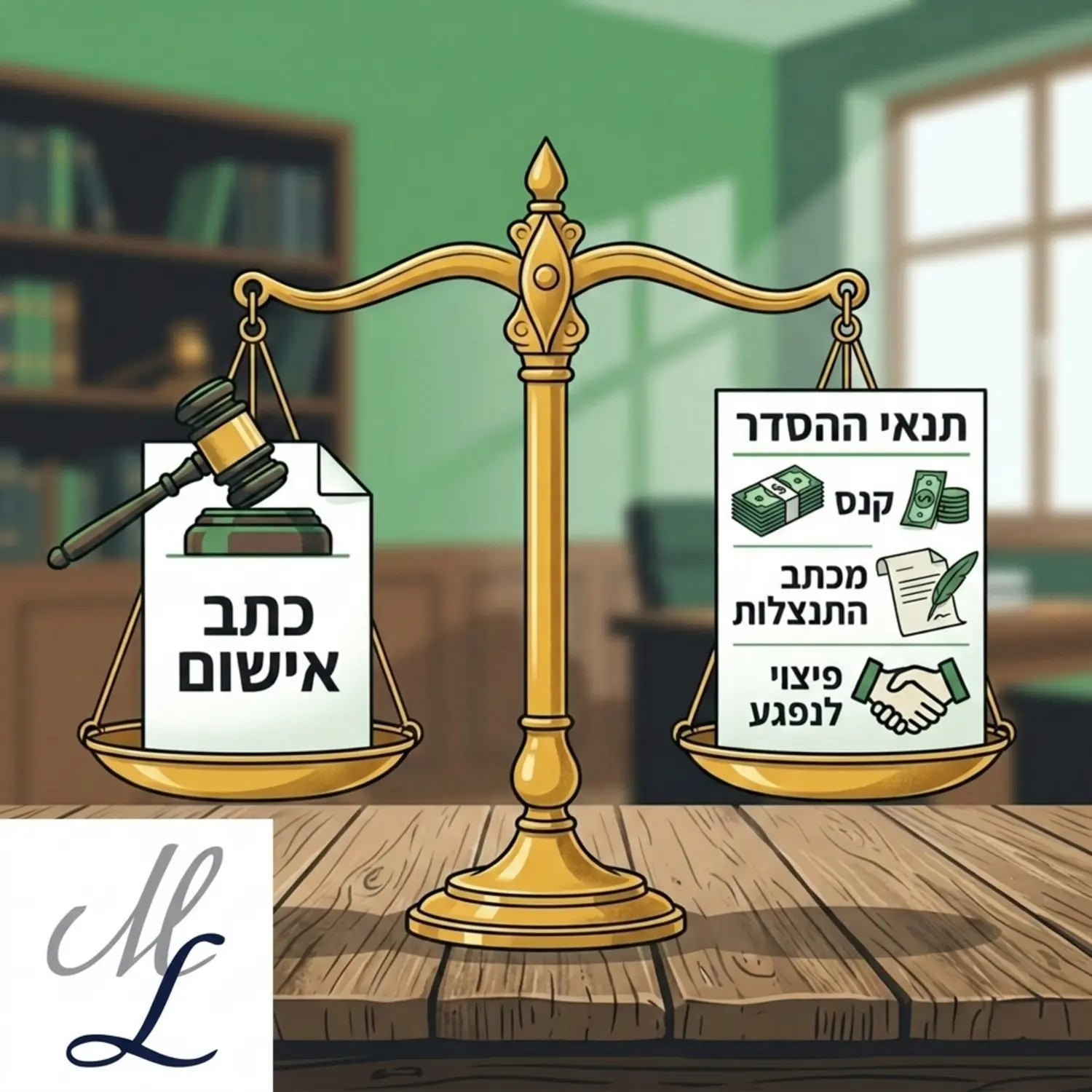 איור המציג מאזניים משפטיים זהובים על שולחן עץ. בצד אחד של המאזניים מונח מסמך המייצג כתב אישום עם פטיש שופטים, ובצד השני מונחת רשימת תנאים הכוללת שטרות כסף המייצגים קנס, מכתב התנצלות, וסמל של לחיצת ידיים המייצג פיצוי לנפגע, להמחשת האיזון שבהסדר
