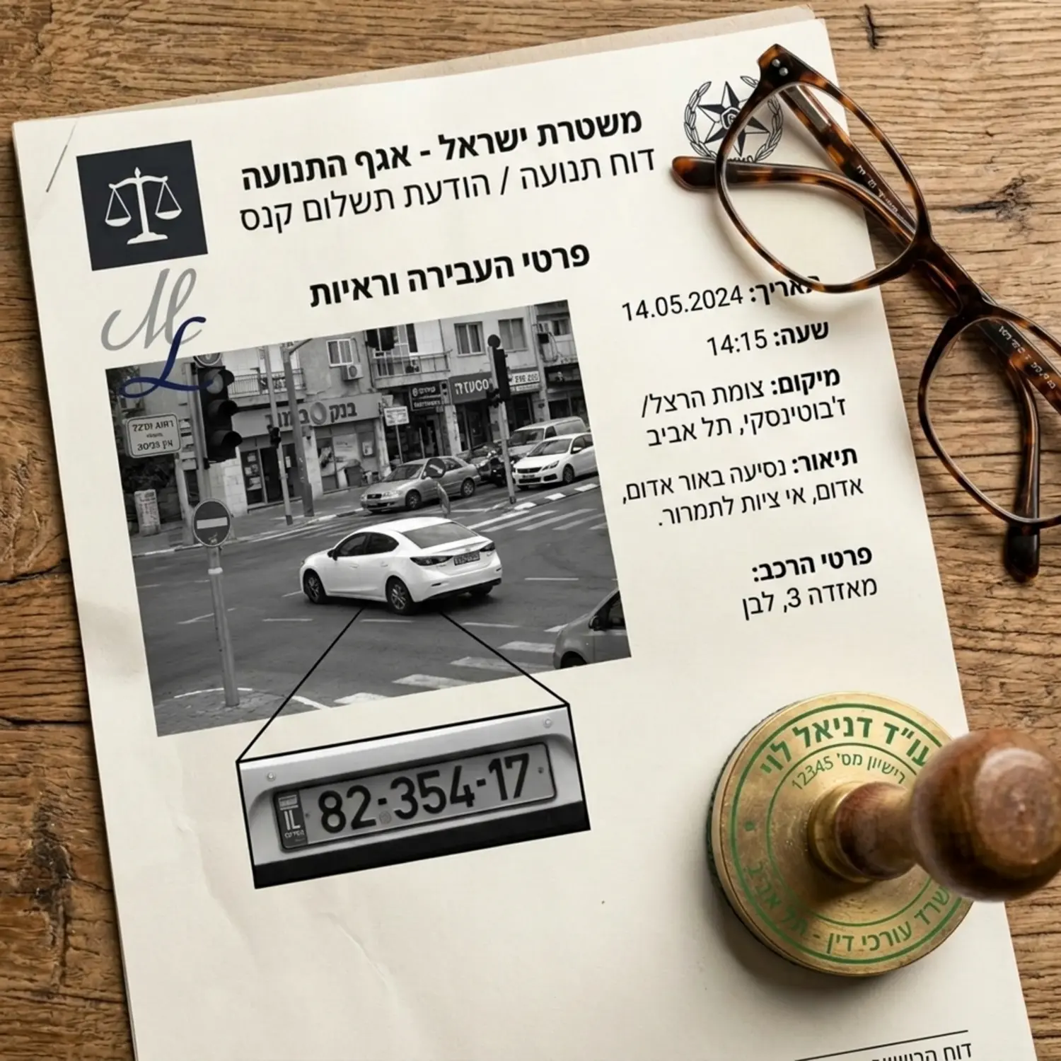 תמונה ריאליסטית של מסמך משפטי (דוח תנועה) מונח על שולחן עץ, לצידו מונחות משקפיים וחותמת של עורך דין. המסמך מציג צילום שחור-לבן של רכב בצומת כפי שמפיקות מצלמות המשטרה, עם הדגשה על לוחית הרישוי.