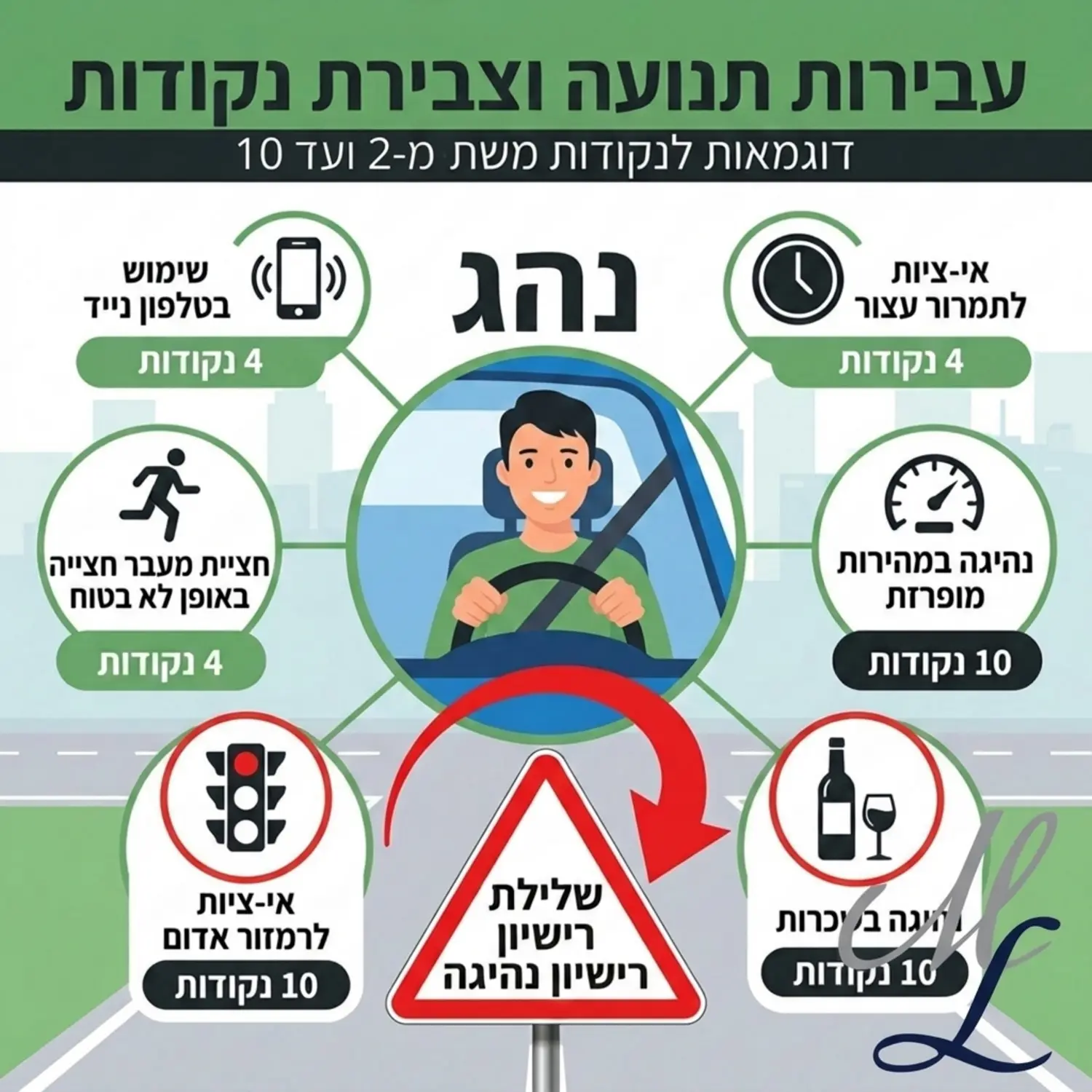 אינפוגרפיקה המציגה נהג רכב במרכז ומסביבו אייקונים של עבירות תנועה שונות עם מספרים המייצגים נקודות שונות משתיים ועד עשר, כאשר חץ אדום מצביע לעבר תמרור אזהרה המציין שלילת רישיון