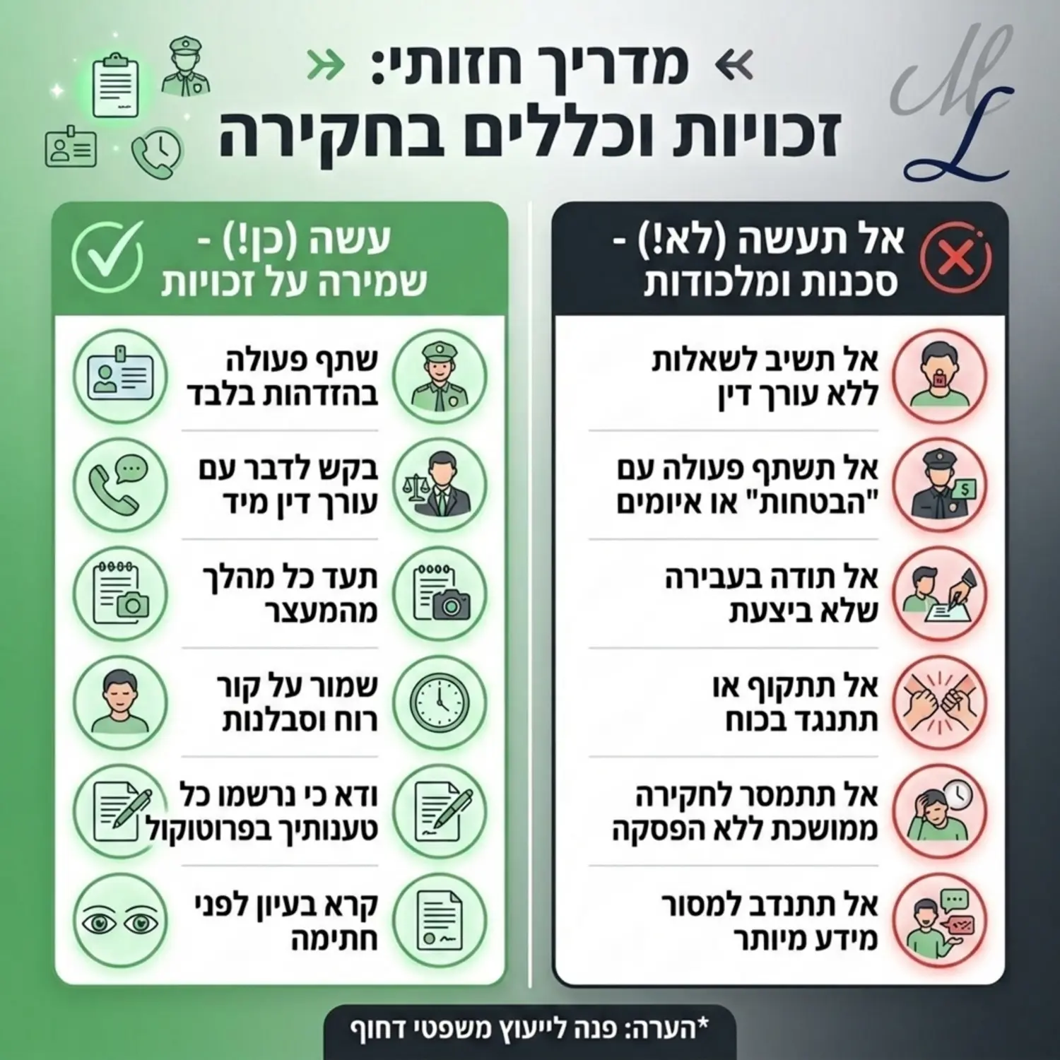 אינפוגרפיקה חזותית המסכמת את כללי עשה ואל תעשה במהלך חקירה משטרתית עם סמלים ברורים להמחשת הזכויות והסכנות