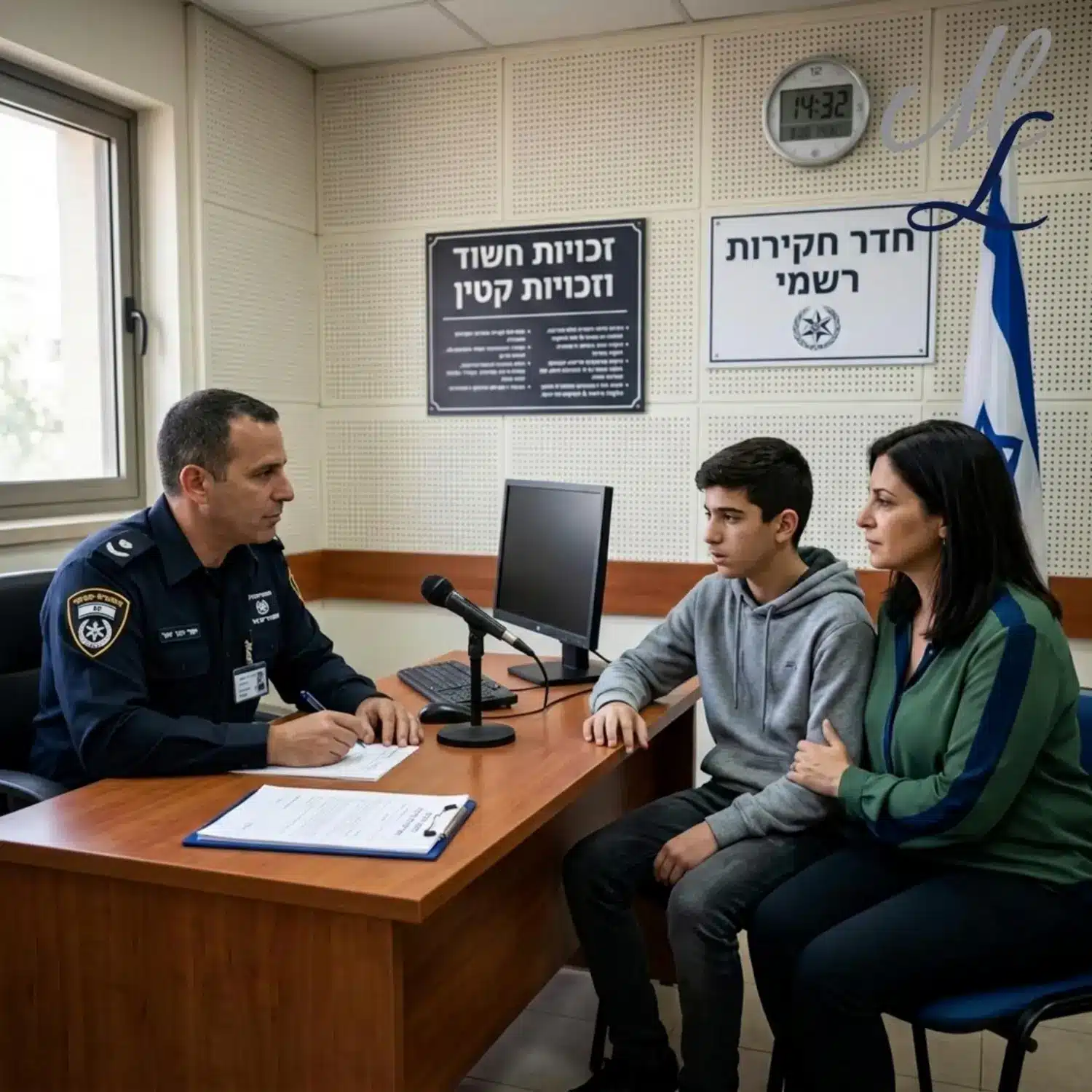 תמונה הממחישה את חדר החקירות כאשר הורה יושב לצידו של נער מתבגר מול חוקר משטרה באווירה רשמית אך שומרת על זכויות