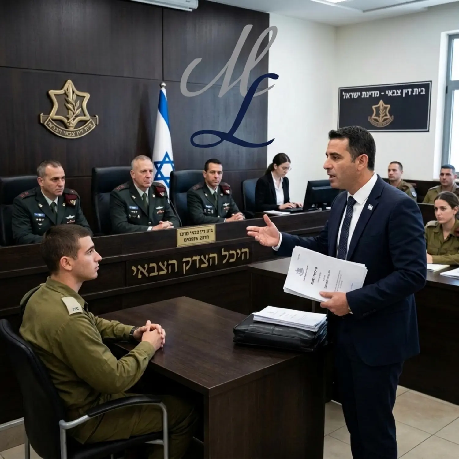 תמונה המציגה אולם דיונים בבית דין צבאי כאשר עורך דין לבוש חליפה עומד ומייצג נאמנה חייל במדים מול פאנל של שופטים צבאיים תוך הצגת מסמכים