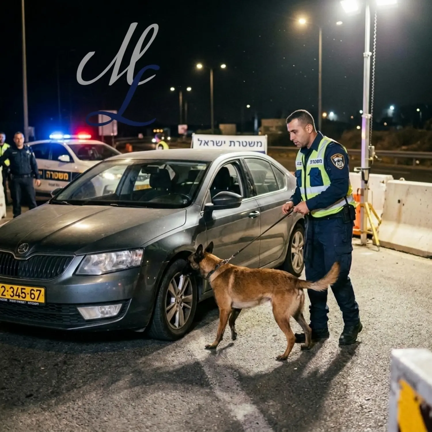 צילום אילוסטרציה של שוטר וכלב משטרתי מבצעים סריקה חיצונית סביב רכב פרטי במהלך מחסום לילי