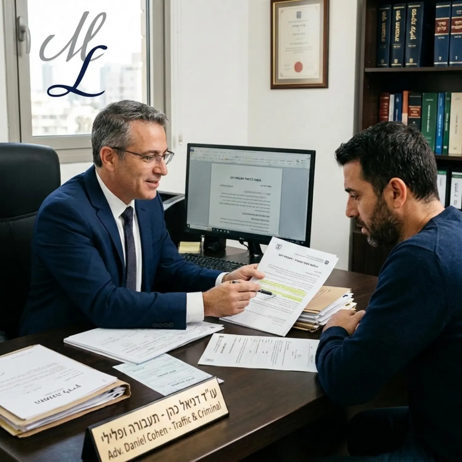 צילום איכותי של עורך דין מקצועי יושב במשרדו ומסביר ללקוח מודאג על מסמכי התעבורה השונים ועל האפשרויות המשפטיות העומדות בפניו להשבת הרכב המושבת לידיו