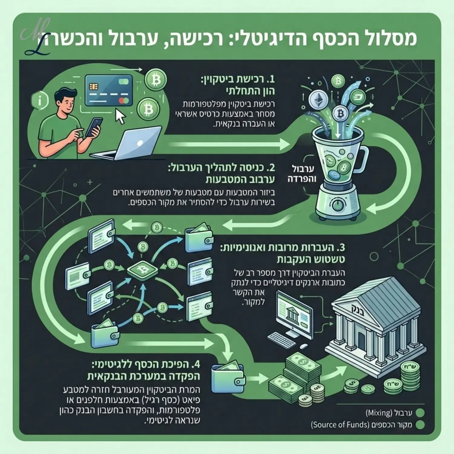 אינפוגרפיקה המציגה את מסלול הכסף הדיגיטלי מרגע רכישת הביטקוין דרך תהליך הערבול ועד להפקדתו חזרה כהון הנדמה כלגיטימי במערכת הבנקאית.